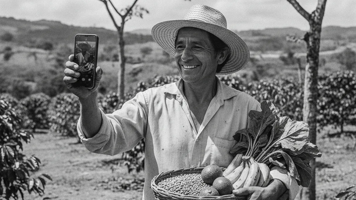 Emprendedor rural colombiano vendiendo por celular, foto documental blanco y negro