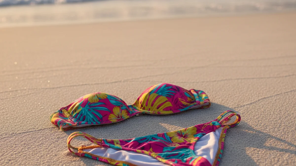 Bikini colorida tirada en la arena blanca de la playa